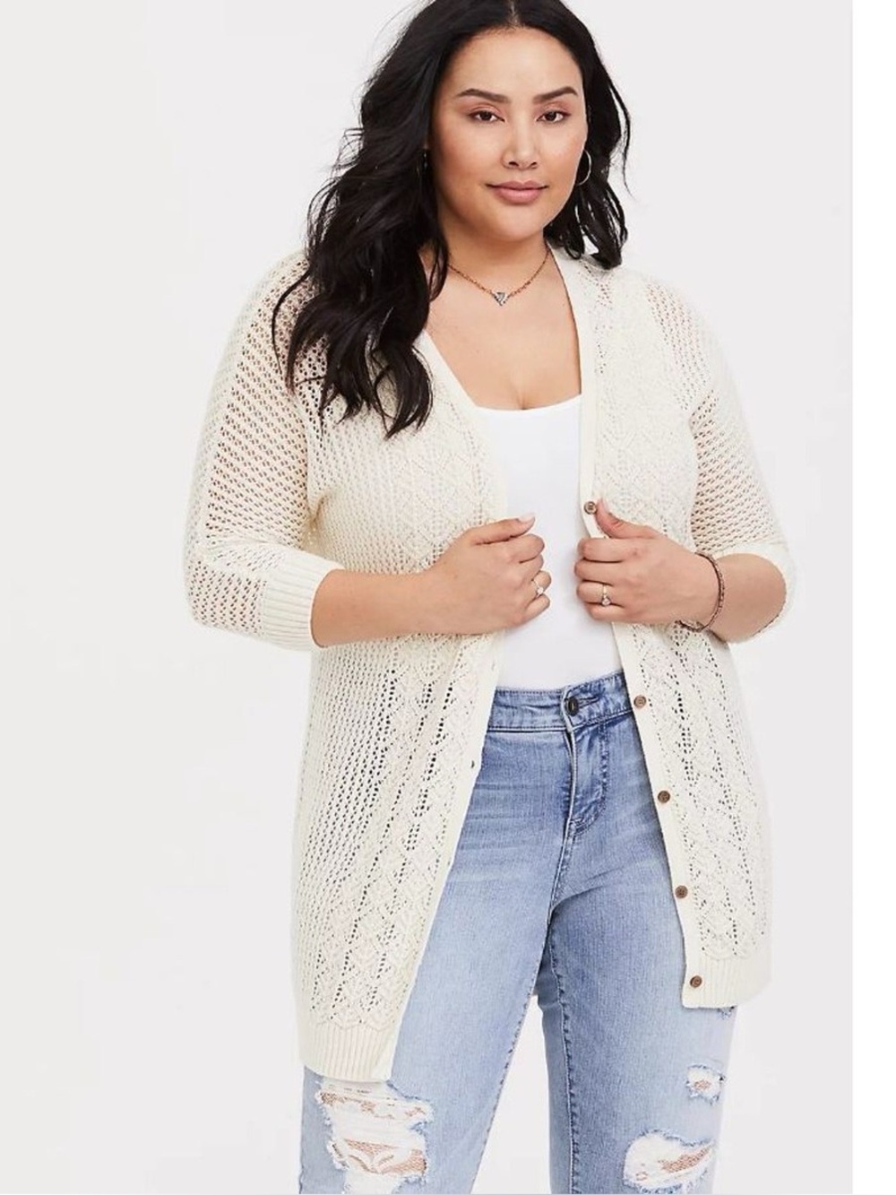 Torrid Ivory Womens 3 Pointelle Knit Boyfriend  Cardigan Sweater Cotton New
